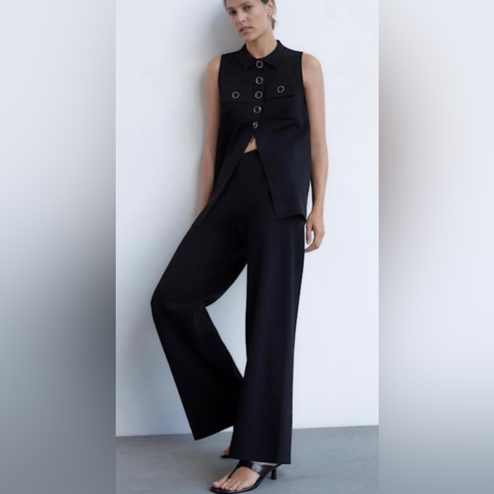 ZARA Knit Buttoned Vest & Wide Leg Pants, Black, size S